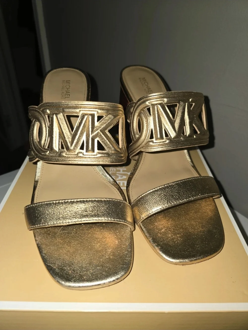 Michael Kors Gold Leather Block Heel Slide Sandals